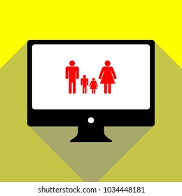 Kettle sign illustration. Vector. Red icon on white monitor of black all-in-one desktop computer with two shadows at yellow background.