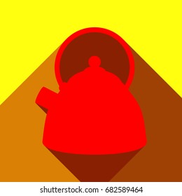 Kettle sign illustration. Vector. Red icon with two flat reddish shadows on yellow background.