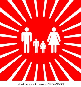 Kettle sign illustration. Vector. White icon on red sun with rays as background. Isolated.