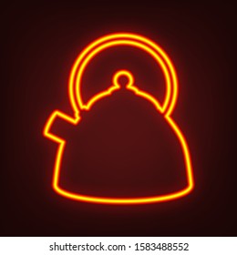 Kettle sign illustration. Yellow, orange, red neon icon at dark reddish background. Illumination. Illustration.