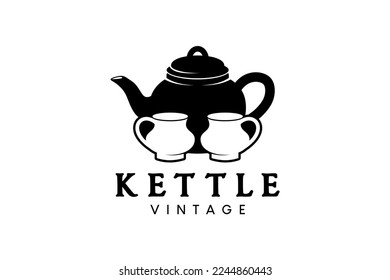 Kettle silhouette design with vintage glass for drink logo, antiques and furniture