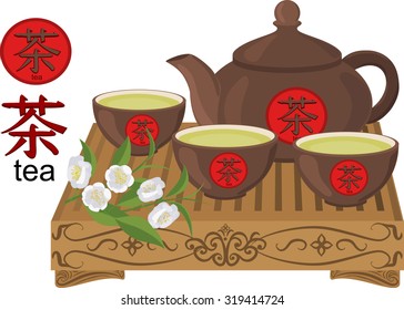 Kettle, small cups of green tea on a wooden table and flowers of tea. Set of isolated objects.