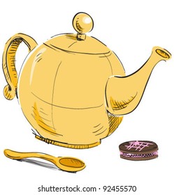 Kettle, spoon and biscuit. Sketch icon in cartoon doodle style