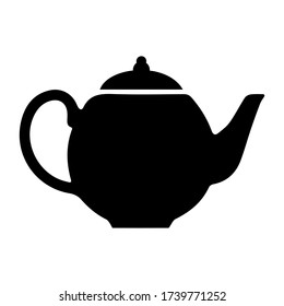 Kettle, for tea ceremony, tea time, kitchen object. Black silhouette, isolated on white background, vector.