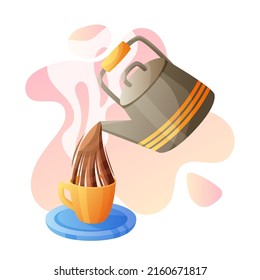 Kettle with tea or coffee and cup with little plate. Coffee shop, cafe, bar vector cartoon concept.
