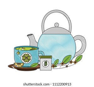 kettle tea cup with slice lemon herbal product