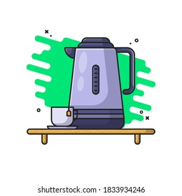 Hervidor de agua con Icono de vectores de vidrio de té. El concepto de icono de comida y bebida está aislado de blanco. Estilo de caricatura plano adecuado para la página de aterrizaje web, pancarta, adhesivo, fondo