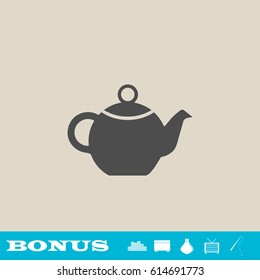 Kettle for tea icon flat. Grey pictogram on light background. Vector illustration symbol and bonus button real estate, ottoman, vase, tv, fishing rod