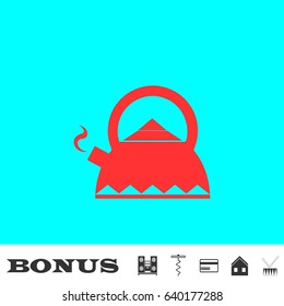 kettle for tea icon flat. Red pictogram on blue background. Vector illustration symbol and bonus buttons Music center, corkscrew, credit card, house, drum