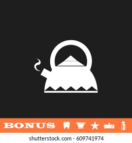 kettle for tea icon flat. White pictogram on black background. Vector illustration symbol and bonus button tooth, vase, star, mirror, bottle