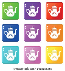 Kettle tea icons set 9 color collection isolated on white for any design