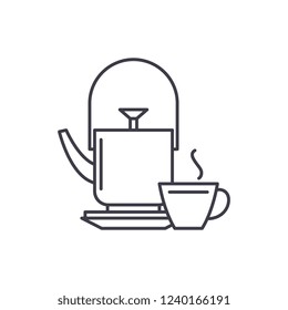 Kettle and tea mug line icon concept. Kettle and tea mug vector linear illustration, symbol, sign