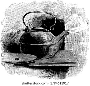 Uma chaleira ou um pote de chá com uma tampa, bico e uma alça que é usada para servir o chá quente, vintage linha desenho ou gravura ilustração.