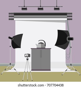 Kettle, tea pot in photo studio. Flat vector illustration