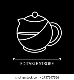 Kettle with tea white linear icon for dark theme. Teapot with liquid. Teakettle with water. Thin line customizable illustration. Isolated vector contour symbol for night mode. Editable stroke