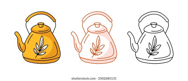 Kettle or teapot, colorful and line icon set. Traditional tea kettle for hot beverage or water, vector flat outline icon, monochrome and color illustration. For logo, sticker, coloring book, label