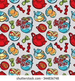 Kettle. Teapot. Cup of tea. Tea with lemon and lemon juice. Cupcakes and candy. Vase with Flowers. Vector seamless pattern (background). Cute seamless print.