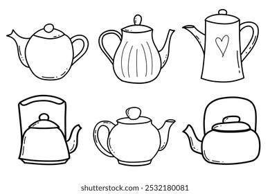 Kettle, teapot doodle set. Ceramic pot, kitchen, tea. Vector simple line art design isolated on white background. 