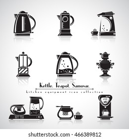 Kettle and teapot icon collection, boiling kettle, samovar and thermo pot, black detailed silhouette.