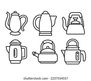 kettle and teapot icons set line illustration