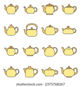 Kettle teapot icons set. Outline illustration of 16 kettle teapot vector icons thin line color flat on white