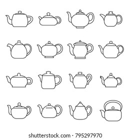 Kettle teapot icons set. Outline illustration of 16 kettle teapot alcohol logo vector icons for web