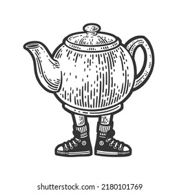 kettle teapot on legs sketch engraving vector illustration. T-shirt apparel print design. Scratch board imitation. Black and white hand drawn image.