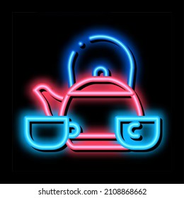 hervidor de agua y dos tazas de luz de neón vector de señal. Un hervidor brillante y un signo de dos tazas. ilustración de símbolo transparente