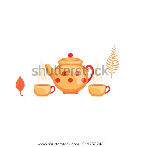 Kettle And Twoo Cups Of Tea As Autumn Attribute