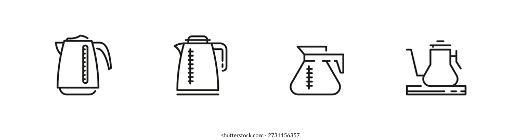 Kettle vector outline icon set. Kitchen appliance for boiling water and tea