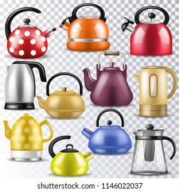 Kettle vector teakettle or teapot to drink tea on teatime and boiled coffee beverage in electric boiler in kitchen illustration kitchenware set isolated on transparent background