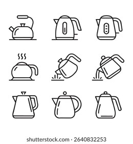 Kettle and Water Boiling Icons Set. Collection of Outline Tea Kettle Icons
