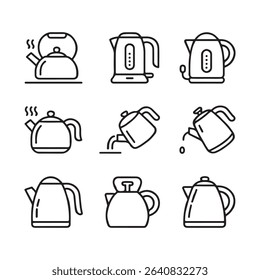 Kettle and Water Boiling Icons Set. Collection of Outline Tea Kettle Icons
