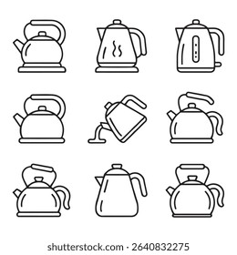 Kettle and Water Boiling Icons Set. Collection of Outline Tea Kettle Icons
