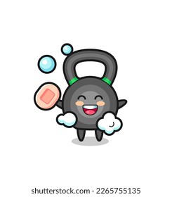 kettleball character is bathing while holding soap , cute style design for t shirt, sticker, logo element