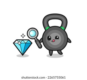 kettleball Mascot überprüft die Echtheit eines Diamanten , süße Stilgestaltung für T-Shirt, Aufkleber, Logo-Element