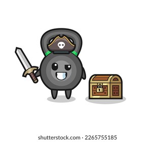 the kettleball pirate character holding sword beside a treasure box , cute style design for t shirt, sticker, logo element