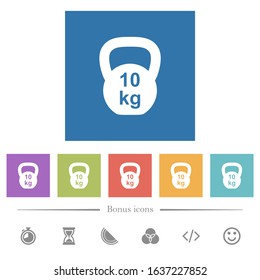 Kettlebel 10 Kg flat white icons in square backgrounds. 6 bonus icons included.