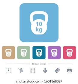 Kettlebel 10 Kg white flat icons on color rounded square backgrounds. 6 bonus icons included