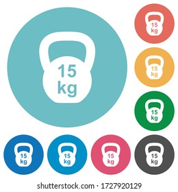 Kettlebel 15 Kg flat white icons on round color backgrounds