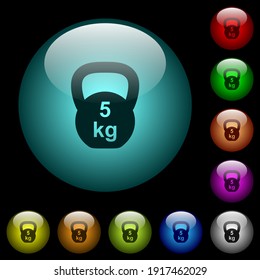 Kettlebel 5 Kg icons in color illuminated spherical glass buttons on black background. Can be used to black or dark templates