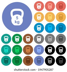 Kettlebel 5 Kg íconos planos multicolores sobre fondo redondo. Se incluyeron variaciones de iconos blancos, claros y oscuros para efectos de estado activo y de movimiento, y tonos extra.