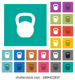 Kettlebel multi colored flat icons on plain square backgrounds. Included white and darker icon variations for hover or active effects.