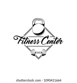 Kettlebell, barbell badges. Fitness club logo. Gym symbols. Bodybuilding sign. Vector illustration.