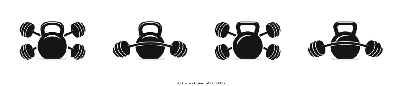 Kettlebell and barbell icons. Set of different kettlebells. Kettlebell, barbell, dumbbell vector illustration. Weightlifting icons.