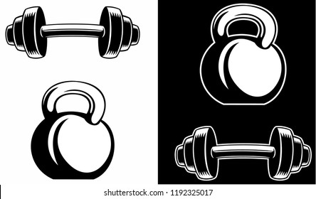 Kettlebell and barbell, isolated on white and black background, gym logo design element.