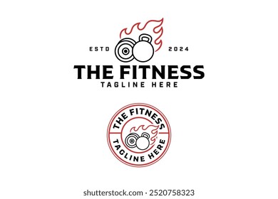 kettlebell, placa de sino com emblema do contorno da chama logotipo design definido para o esporte de fitness ginásio. 