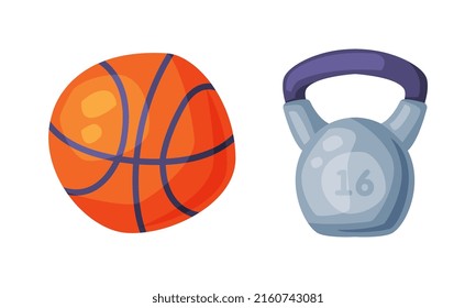 Kettlebell and basketball ball. Fitness sports equipment vector illustration