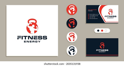 Kettlebell with bodybuilder man on negative space. Fitness, gym logo and business card design template inspiration