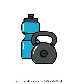 kettlebell and bottle of water doodle icon, vector illustration